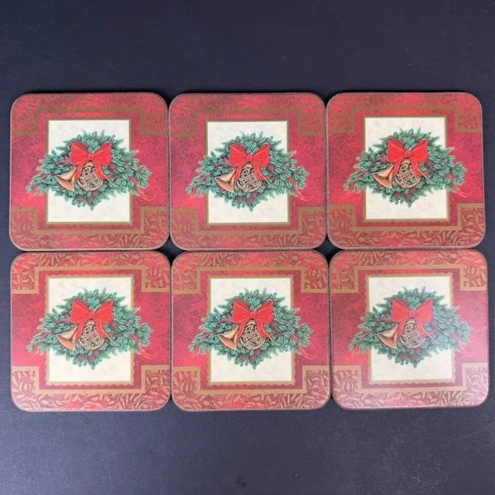 Set of 6 Pimpernel Holly Celebration Cork/Acrylic 4.25 in Coasters, England